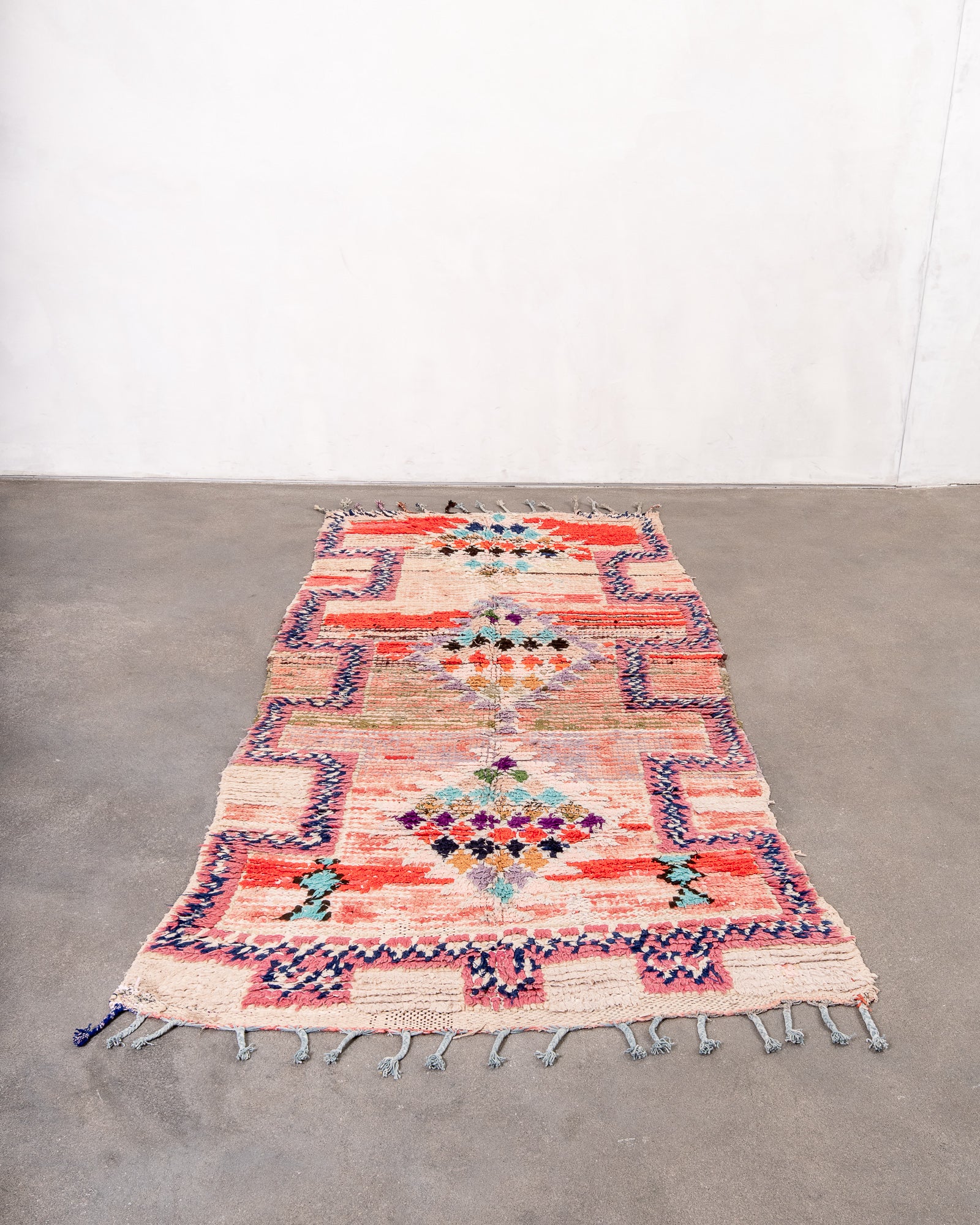 Modern, designer, handcrafted Berber rug from Morocco. Vintage carpet with beautiful colours and patterns and fluffy wool texture.